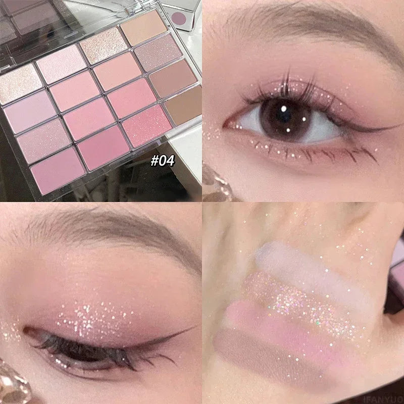 16 Colors Eyeshadow Palette Low Saturation Rose Pink Pearly Matte Glitter Eyeshadow Shiny Eye Shadow Long-Lasting Eye Makeup
