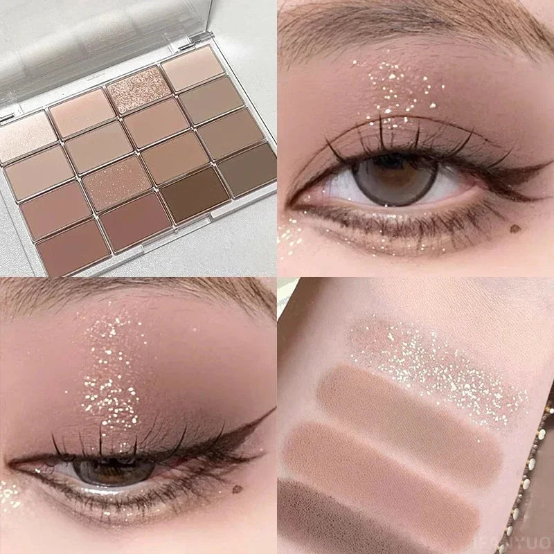 16 Colors Eyeshadow Palette Low Saturation Rose Pink Pearly Matte Glitter Eyeshadow Shiny Eye Shadow Long-Lasting Eye Makeup