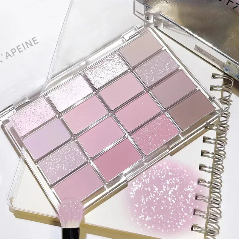 16 Colors Eyeshadow Palette Low Saturation Rose Pink Pearly Matte Glitter Eyeshadow Shiny Eye Shadow Long-Lasting Eye Makeup