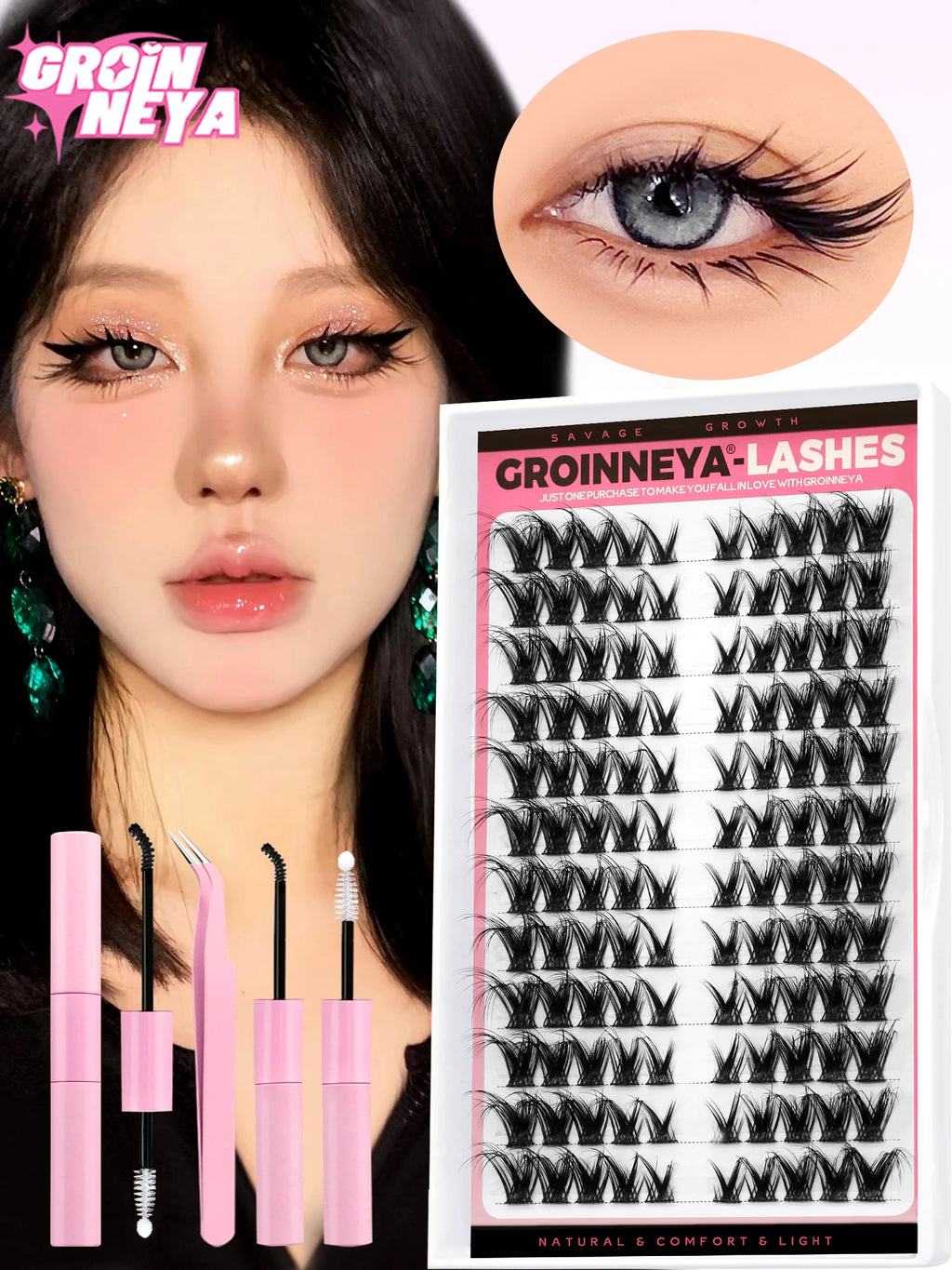 Cat Eyelashes Clusters Kit Winged End Eye Elongated DIY Lash Extension Kit Lash Bond & Seal & Eyelash Tweezers Fox Eye