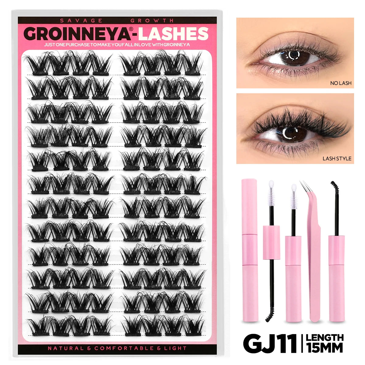 Cat Eyelashes Clusters Kit Winged End Eye Elongated DIY Lash Extension Kit Lash Bond & Seal & Eyelash Tweezers Fox Eye